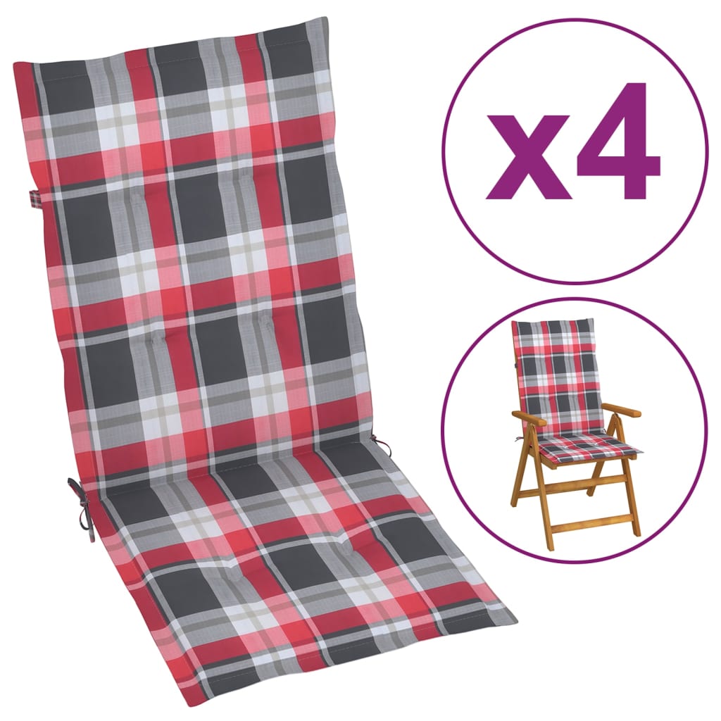 vidaXL Podušky na zahradní židle 4 ks červené kárované 120 x 50 x 4 cm