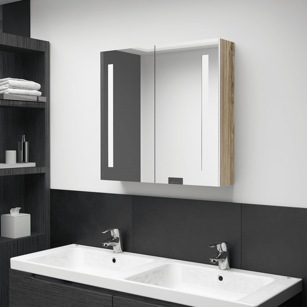 vidaXL LED koupelnová skřínka se zrcadlem bílá a dub 62 x 14 x 60 cm