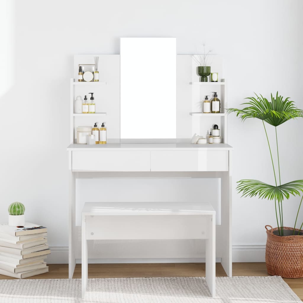 vidaXL Toaletní stolek se zrcadlem lesklý bílý 96 x 40 x 142 cm