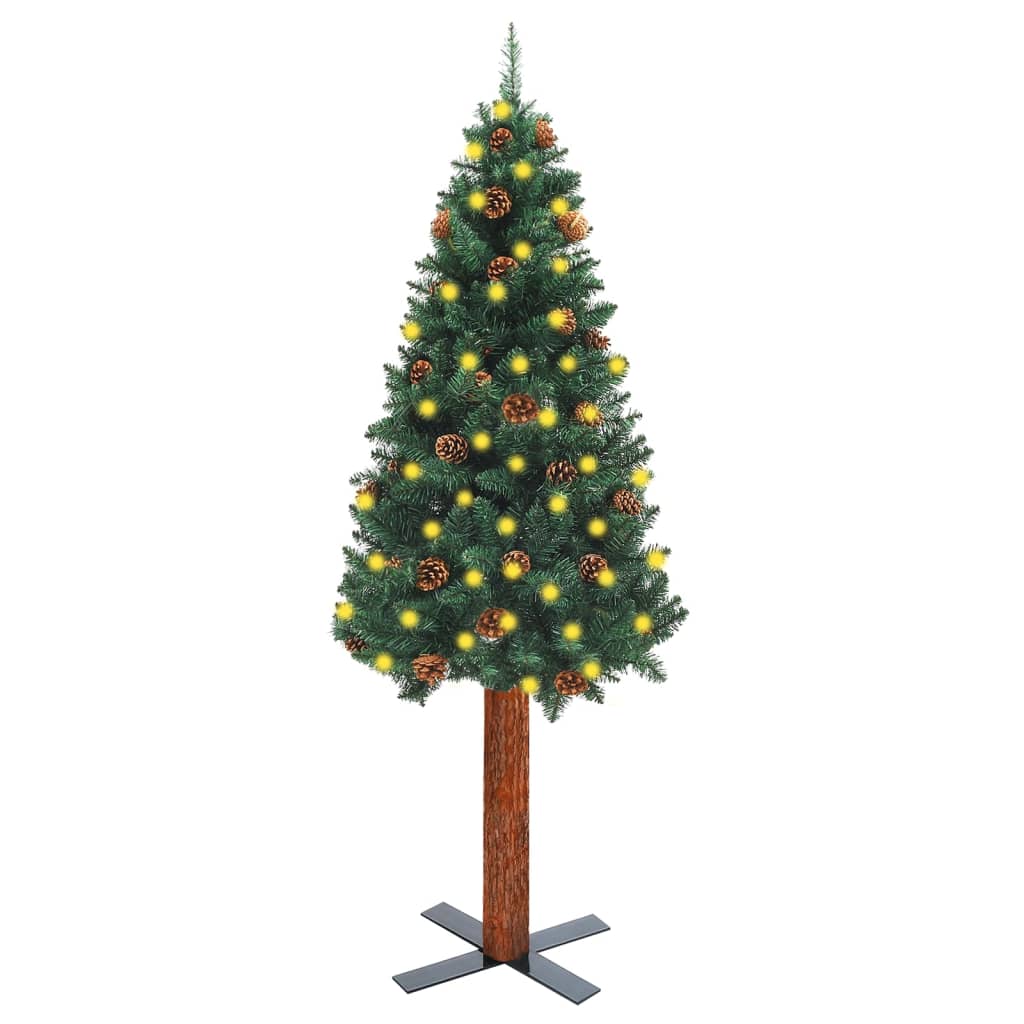 vidaXL Úzký vánoční stromeček s LED pravé dřevo a šišky zelený 210 cm