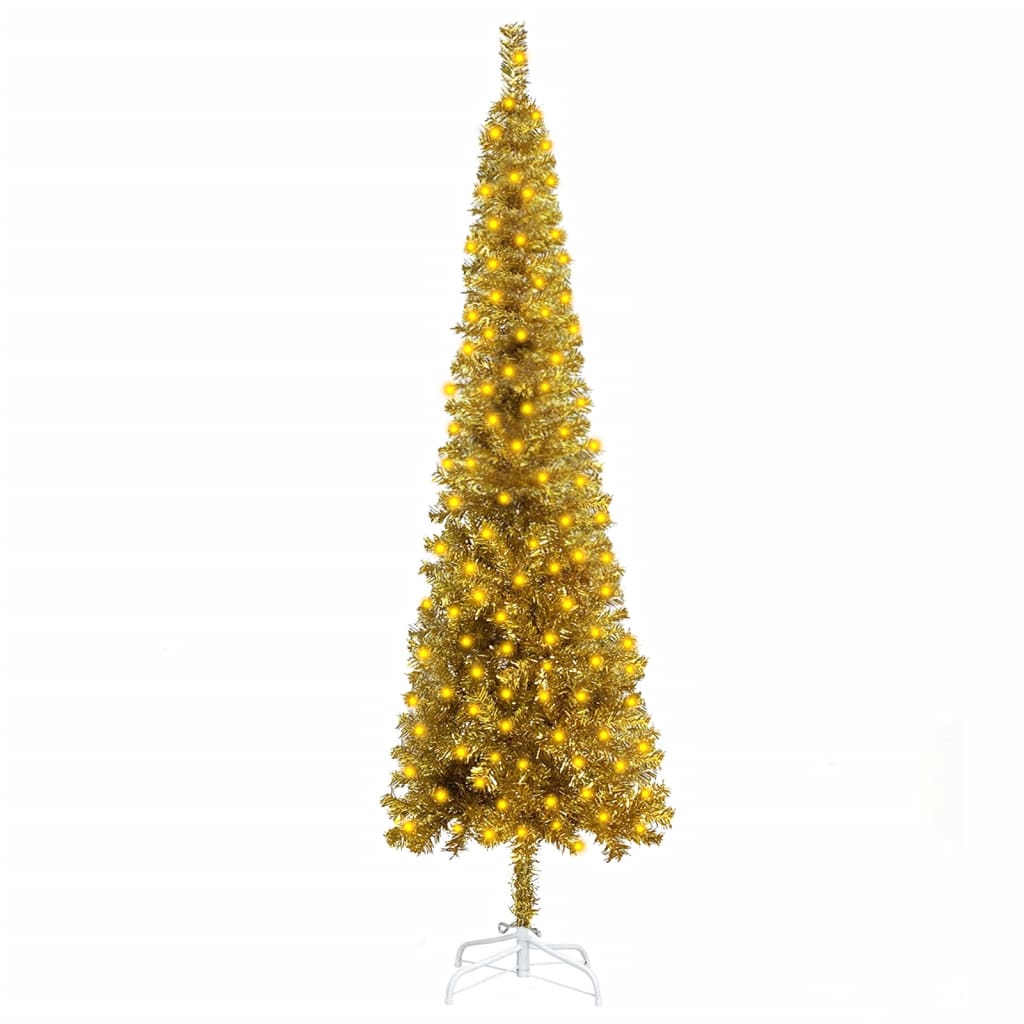 vidaXL Úzký vánoční stromek s LED diodami zlatý 150 cm
