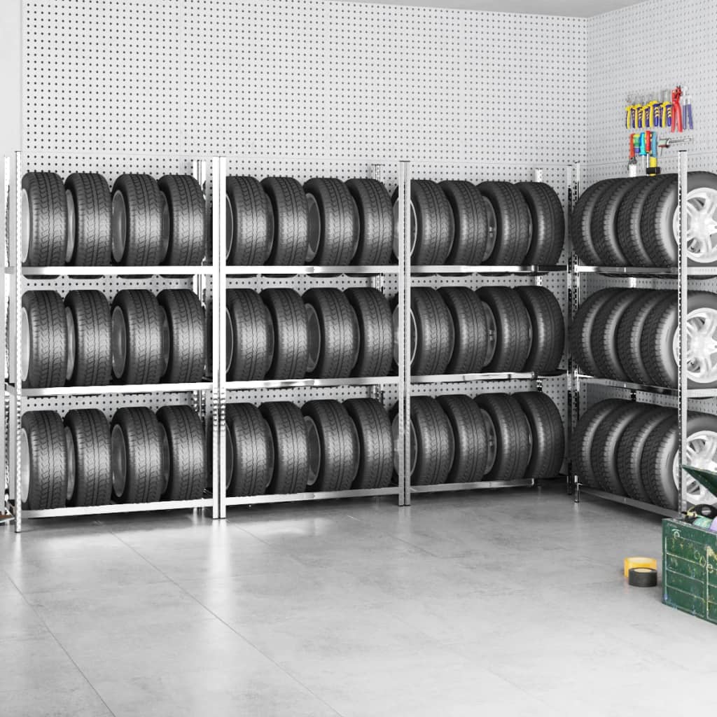 vidaXL 3patrové regály na pneumatiky 4 ks stříbrné 110x40x200 cm ocel
