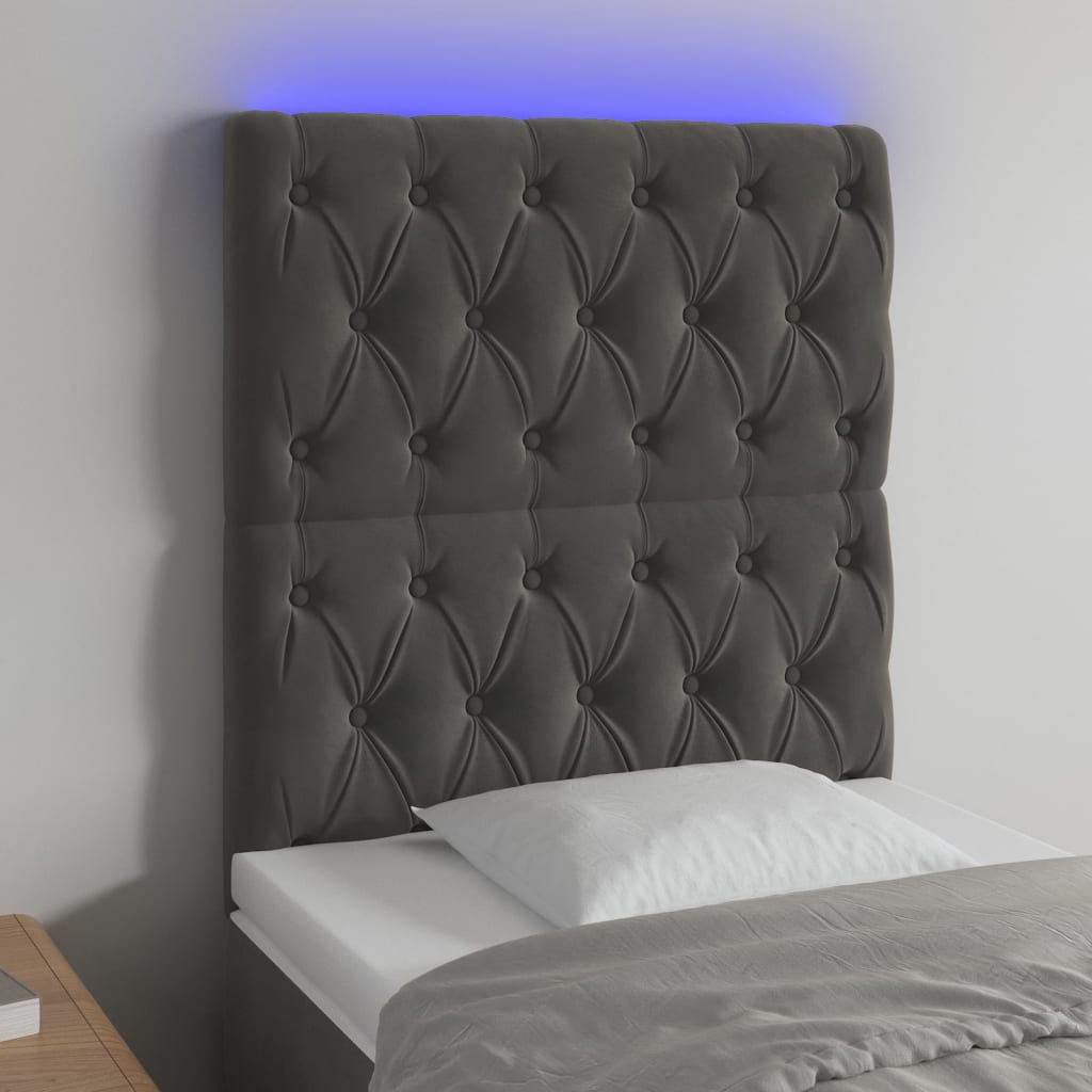 vidaXL Čelo postele s LED tmavě šedé 80x7x118/128 cm samet