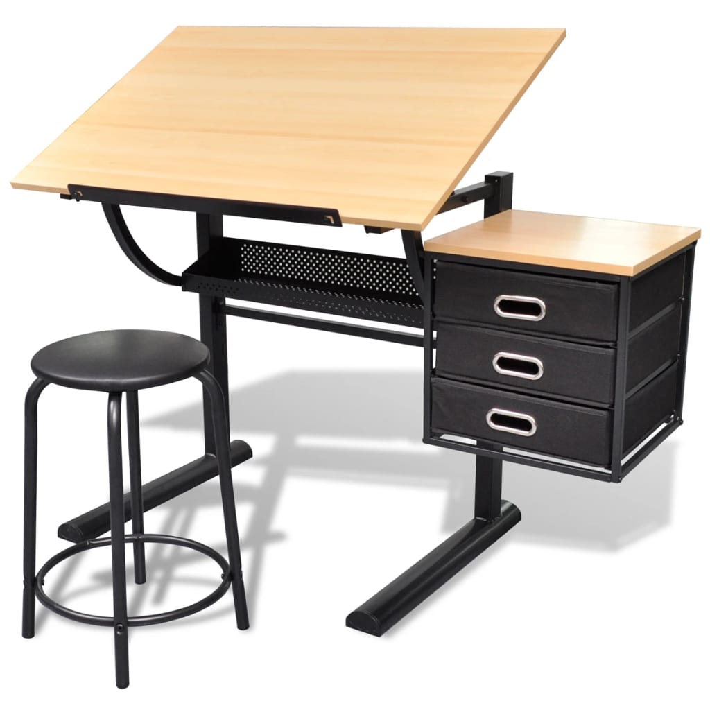 vidaXL Náklopný kreslicí stůl s židlí a třemi zásuvkami
