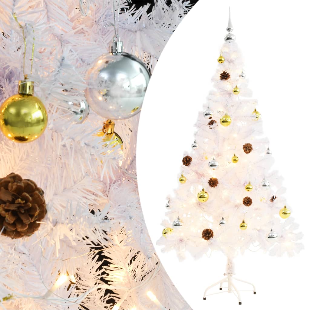 vidaXL Umělý vánoční stromek s baňkami a LED osvětlením bílý 150 cm