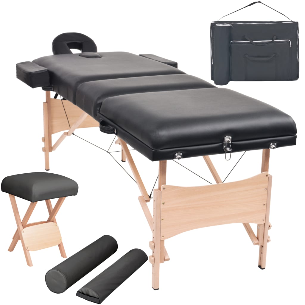 vidaXL 3zónový skládací masážní stůl a stolička tloušťka 10 cm černé