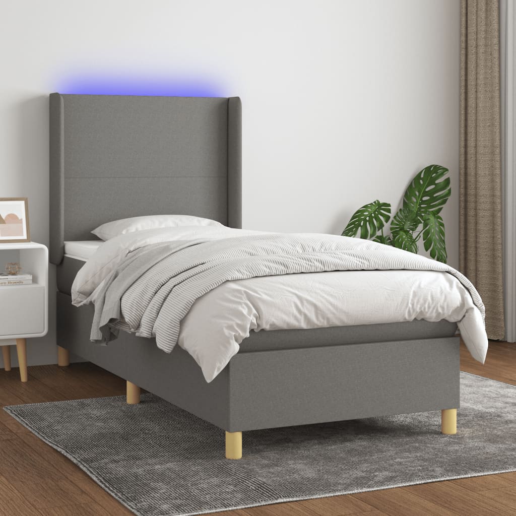 vidaXL Box spring postel s matrací a LED tmavě šedá 90x190 cm textil