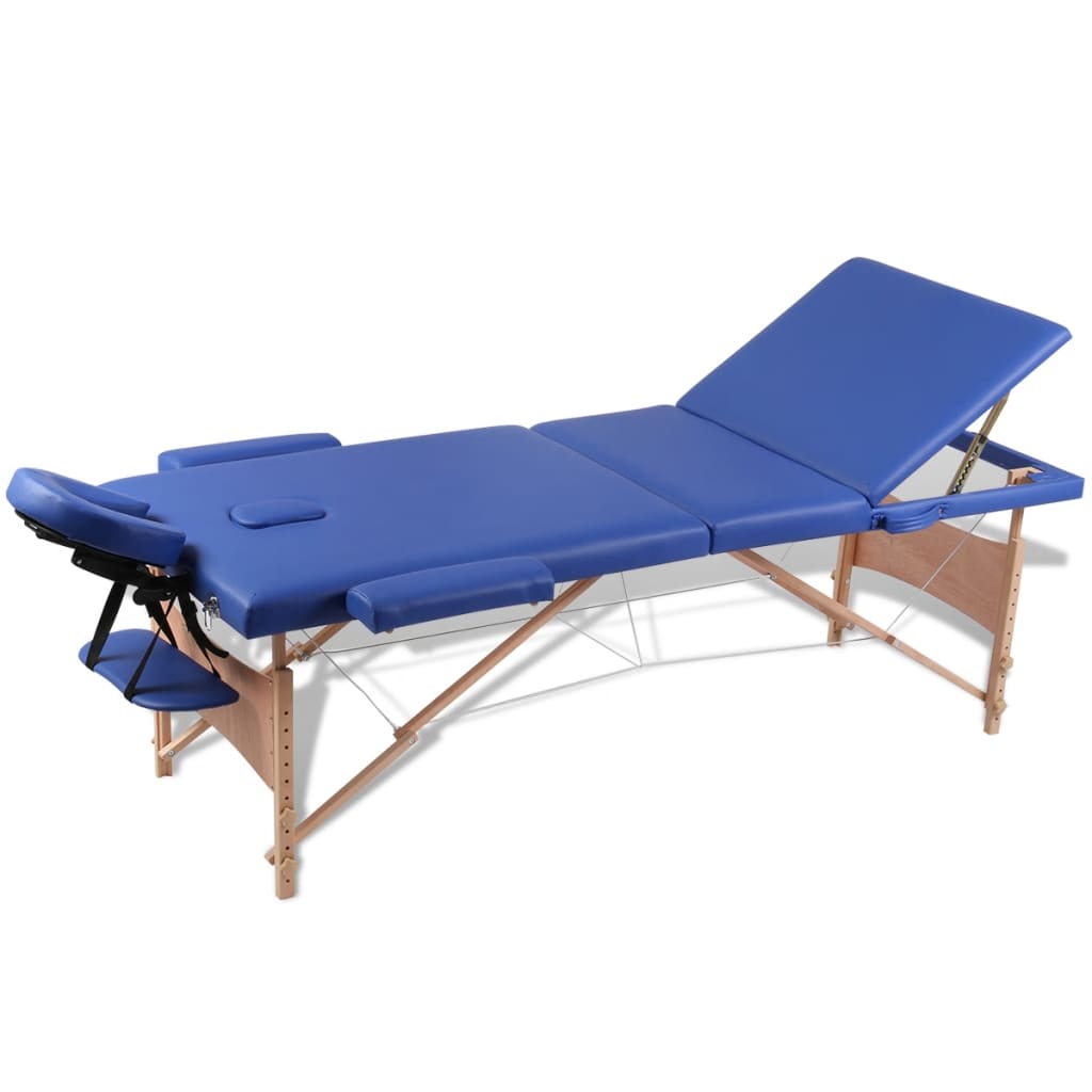 vidaXL Modrý skládací masážní stůl se 3 zónami a dřevěným rámem