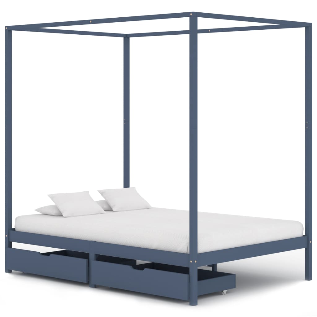 vidaXL Rám postele s nebesy 2 zásuvky šedý masivní borovice 140x200 cm