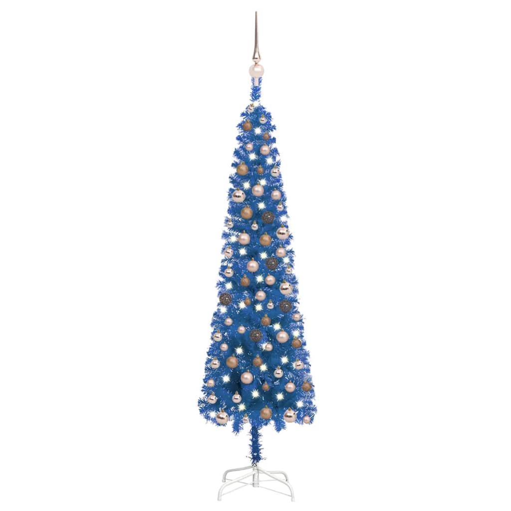 vidaXL Úzký vánoční stromek s LED diodami a sadou koulí modrý 150 cm