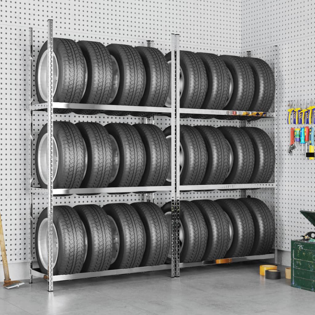 vidaXL 3patrové regály na pneumatiky 2 ks stříbrné 110x40x200 cm ocel