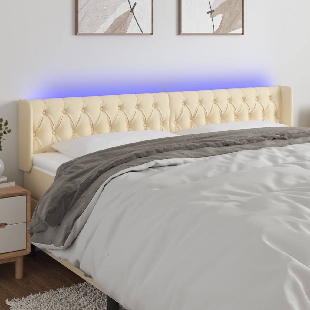 vidaXL Čelo postele s LED krémové 203 x 16 x 78/88 cm textil