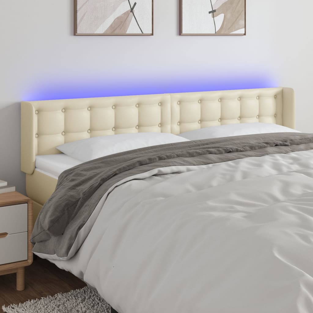 vidaXL Čelo postele s LED krémové 203 x 16 x 78/88 cm umělá kůže