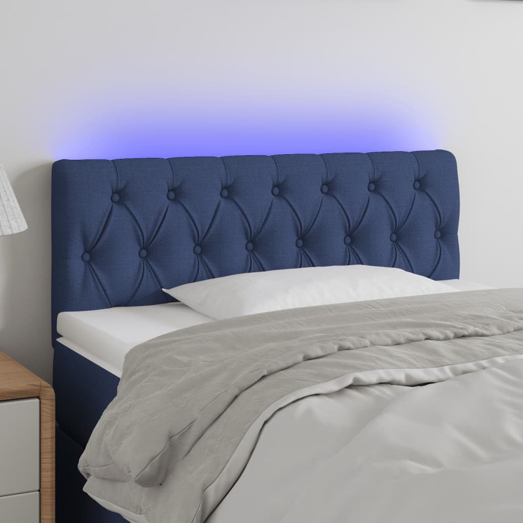 vidaXL Čelo postele s LED modré 100 x 7 x 78/88 cm textil