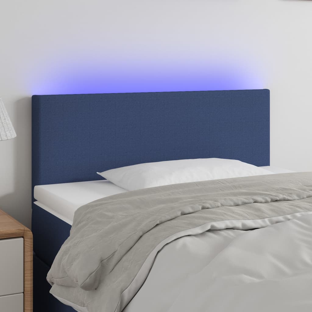 vidaXL Čelo postele s LED modré 100x5x78/88 cm textil