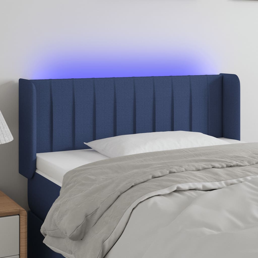vidaXL Čelo postele s LED modré 103 x 16 x 78/88 cm textil