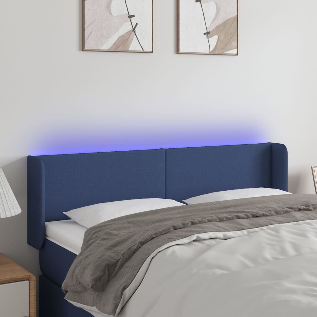 vidaXL Čelo postele s LED modré 147 x 16 x 78/88 cm textil