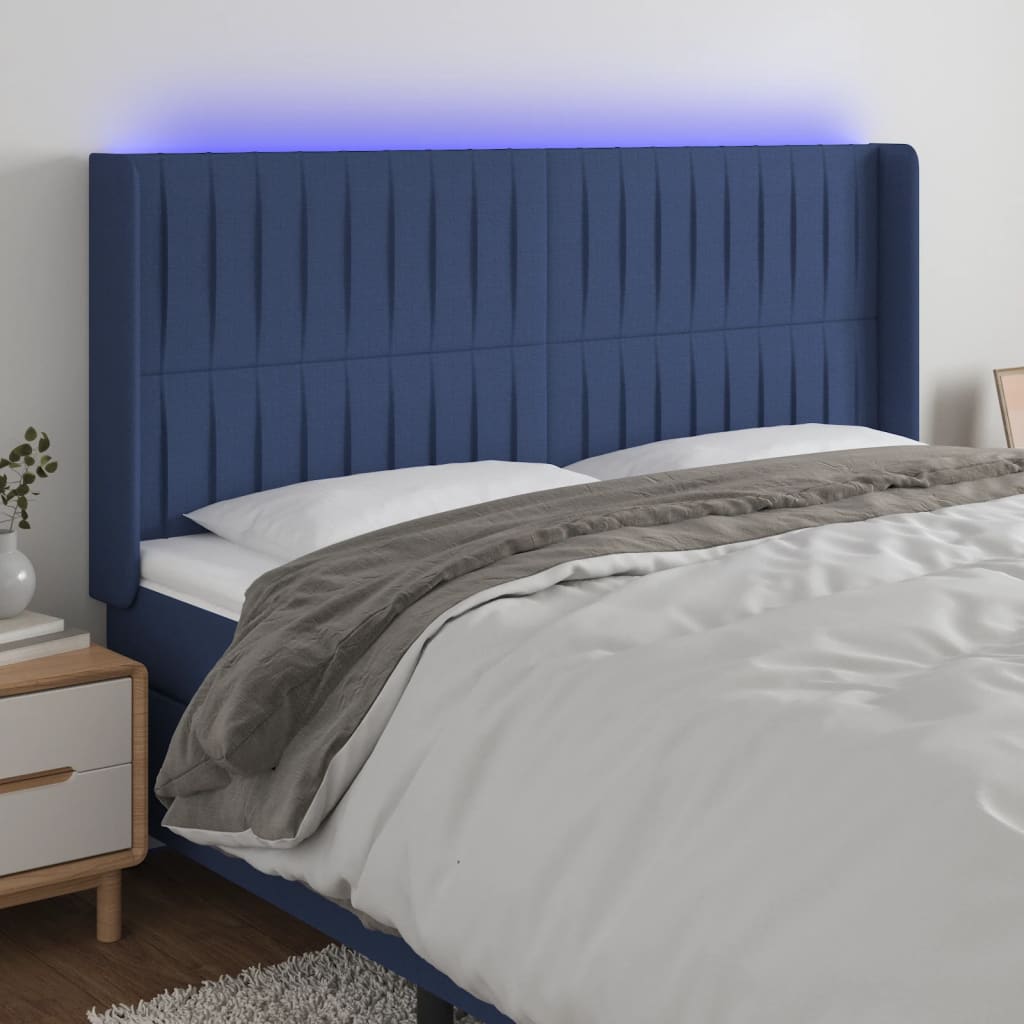 vidaXL Čelo postele s LED modré 203 x 16 x 118/128 cm textil