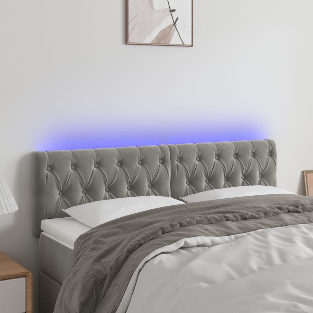 vidaXL Čelo postele s LED světle šedé 144 x 7 x 78/88 cm samet