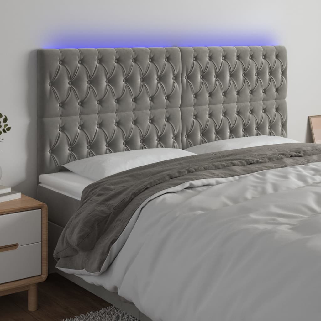 vidaXL Čelo postele s LED světle šedé 200x7x118/128 cm samet
