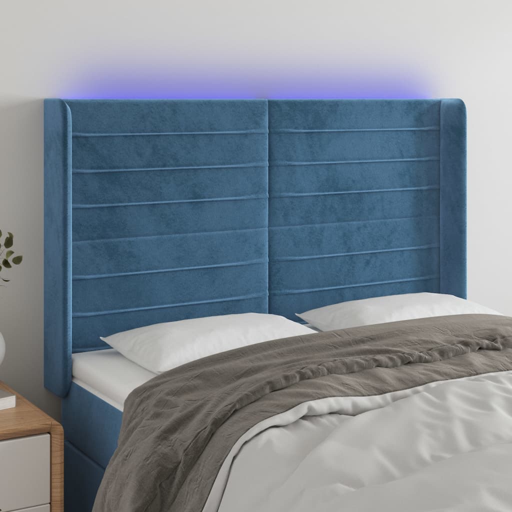 vidaXL Čelo postele s LED tmavě modré 147 x 16 x 118/128 cm samet
