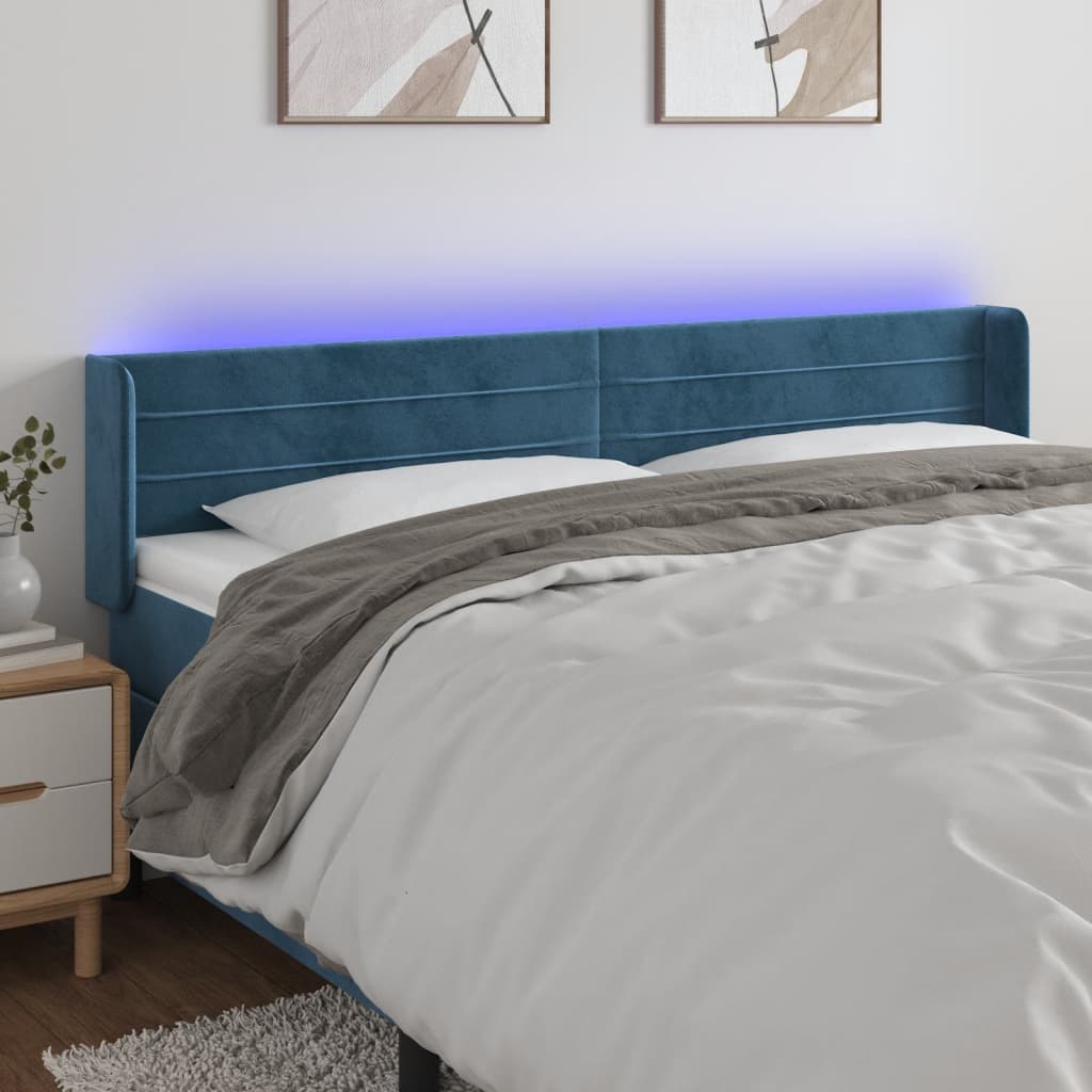vidaXL Čelo postele s LED tmavě modré 163 x 16 x 78/88 cm samet