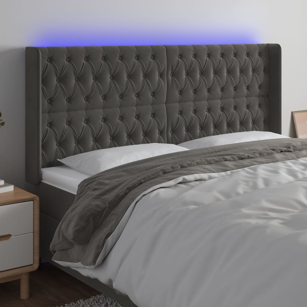 vidaXL Čelo postele s LED tmavě šedé 183 x 16 x 118/128 cm samet