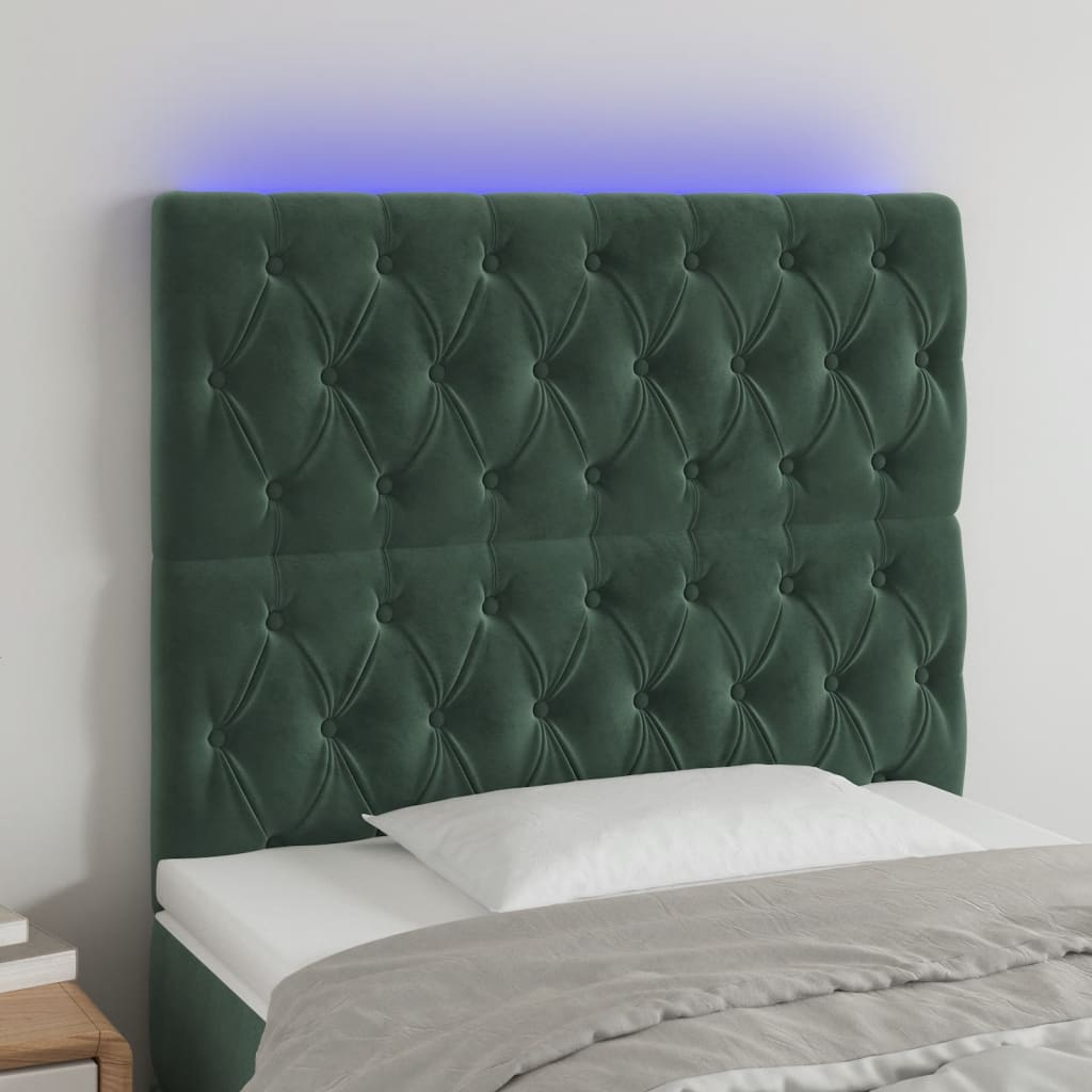 vidaXL Čelo postele s LED tmavě zelená 90x7x118/128 cm samet