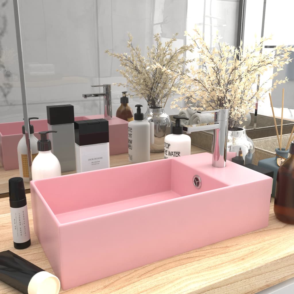 vidaXL Koupelnové umyvadlo s přepadem keramické matně růžové