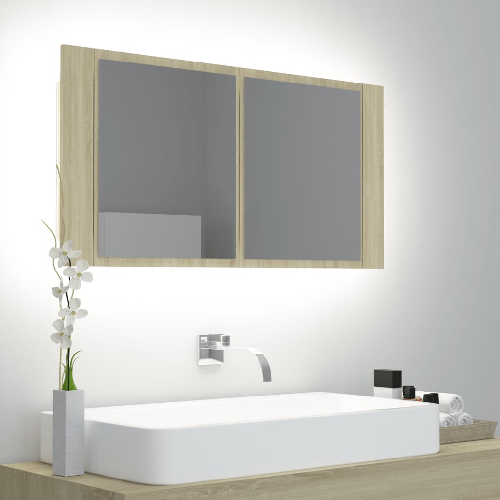 vidaXL LED koupelnová skřínka se zrcadlem dub sonoma 90 x 12 x 45 cm