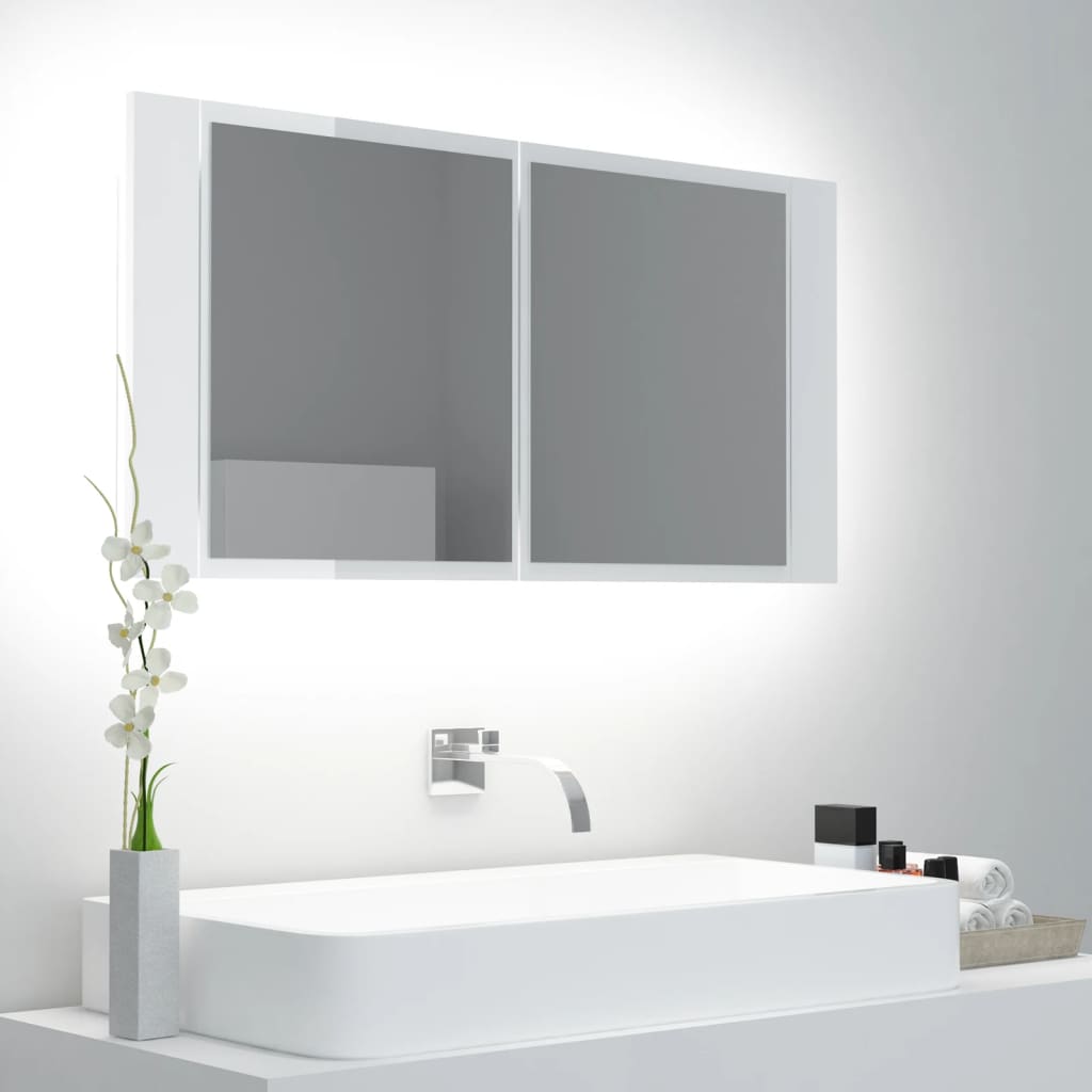 vidaXL LED koupelnová skříňka se zrcadlem lesklá bílá 90 x 12 x 45 cm