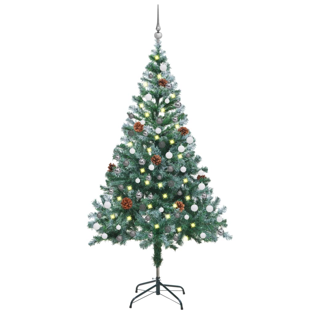 vidaXL Námrazou pokrytý vánoční stromek LED a sada koulí šišky 150 cm