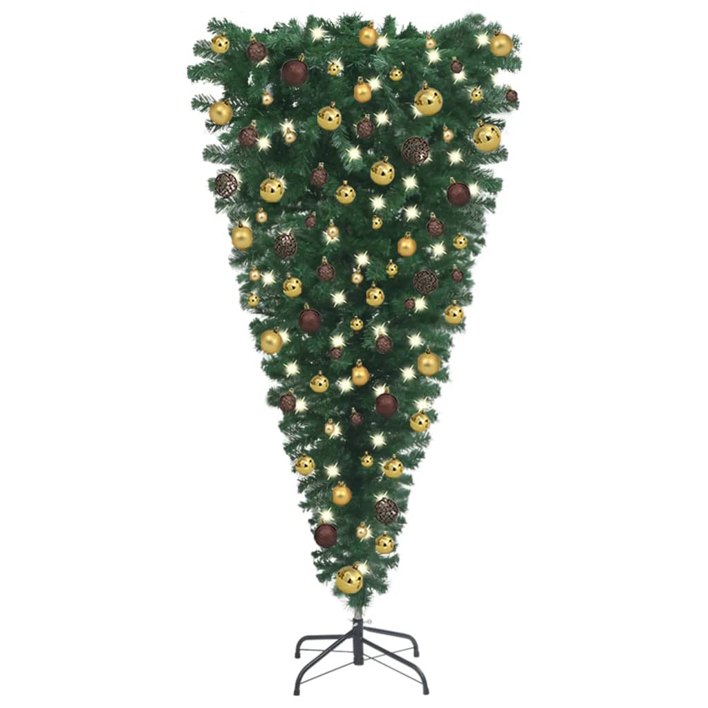 vidaXL Obrácený umělý vánoční stromek s LED diodami sada koulí 180 cm