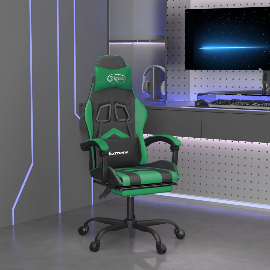 vidaXL Otočná herní židle s podnožkou černá a zelená umělá kůže