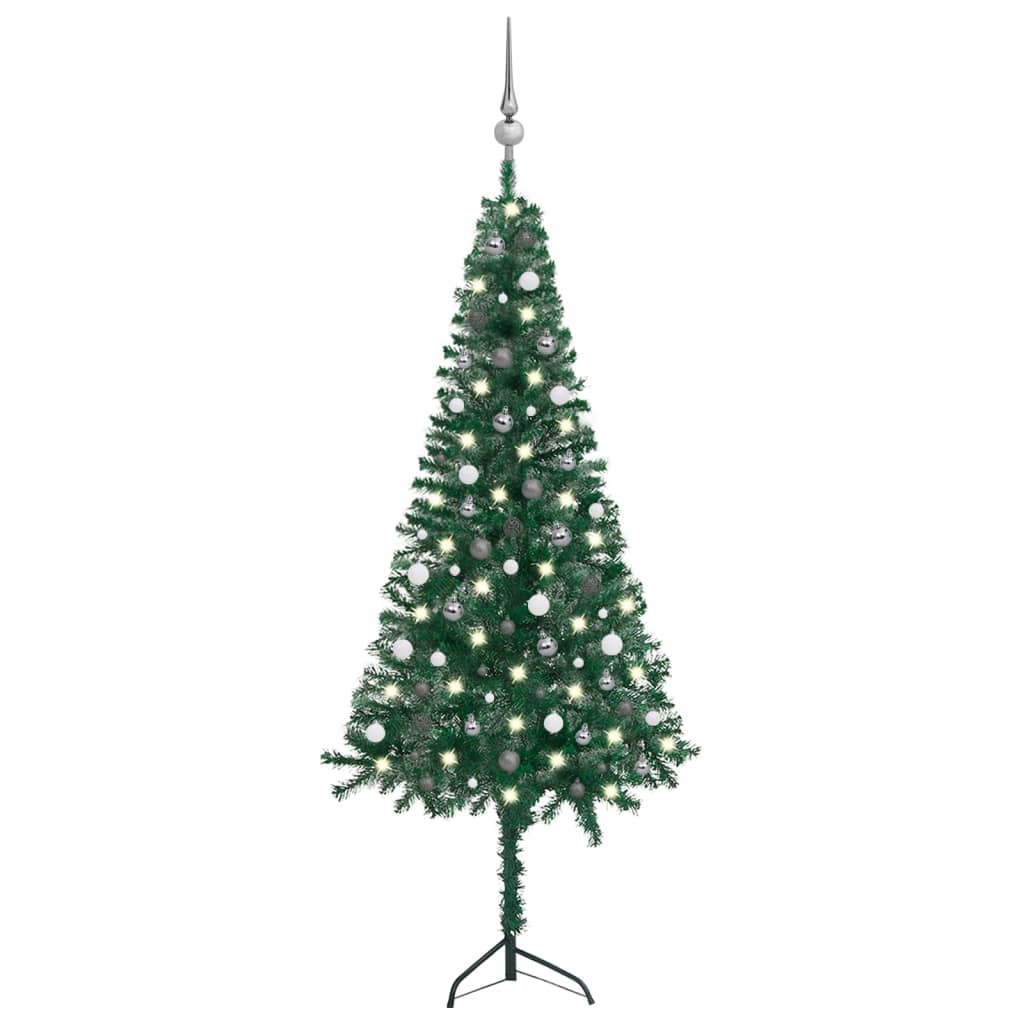 vidaXL Rohový umělý vánoční stromek LED a sada koulí zelený 240 cm PVC