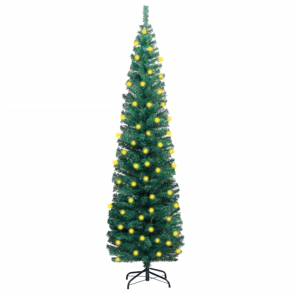 vidaXL Tenký umělý vánoční strom s LED diody a stojanem zelěný 210 cm