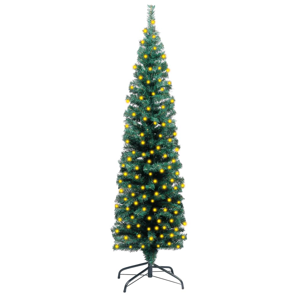 vidaXL Tenký umělý vánoční stromek s LED a stojanem zelený 120 cm PVC