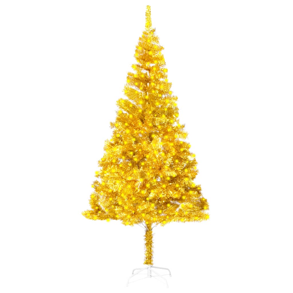 vidaXL Umělý vánoční strom s LED diody a stojanem zlatý 210 cm PET