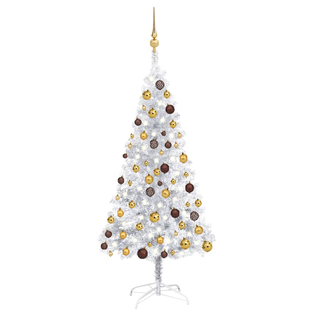 vidaXL Umělý vánoční stromek s LED a sadou koulí stříbrný 120 cm PET