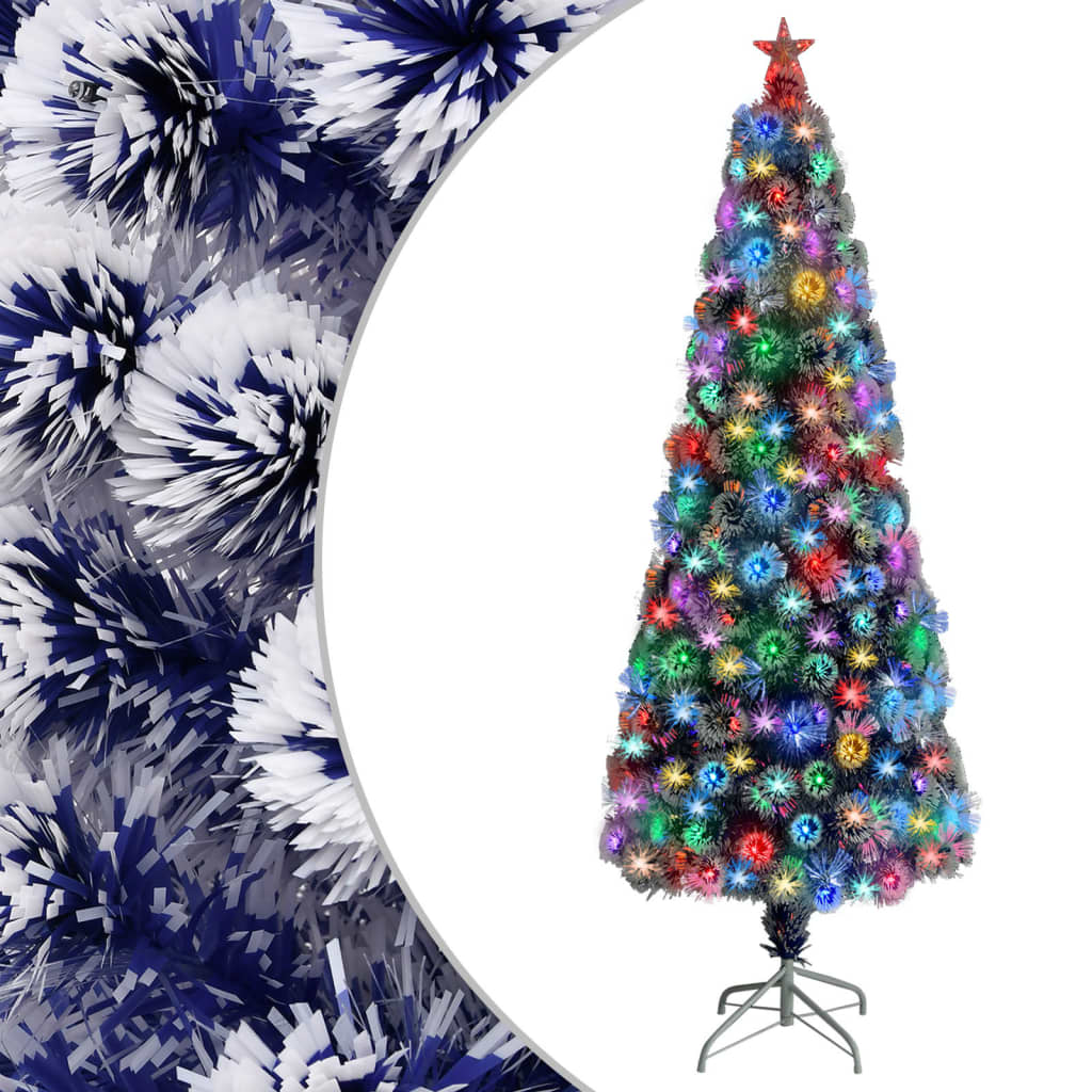vidaXL Umělý vánoční stromek s LED bílý a modrý 210 cm optické vlákno