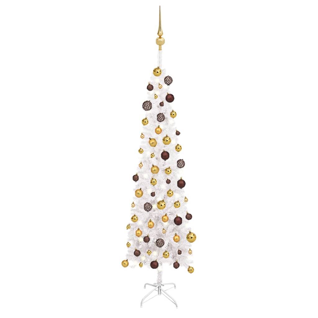 vidaXL Úzký vánoční stromek s LED diodami a sadou koulí bílý 150 cm
