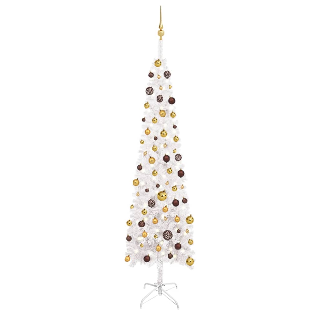 vidaXL Úzký vánoční stromek s LED diodami a sadou koulí bílý 240 cm