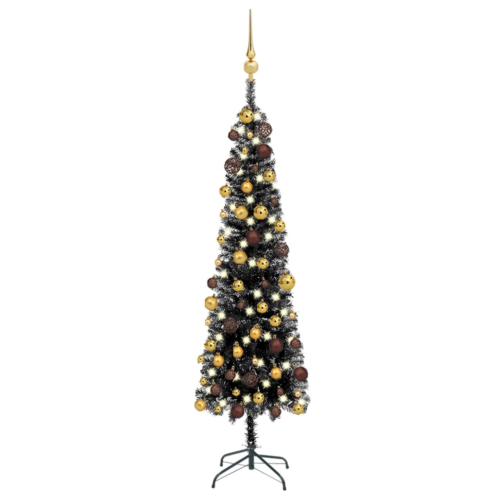 vidaXL Úzký vánoční stromek s LED diodami a sadou koulí černý 210 cm