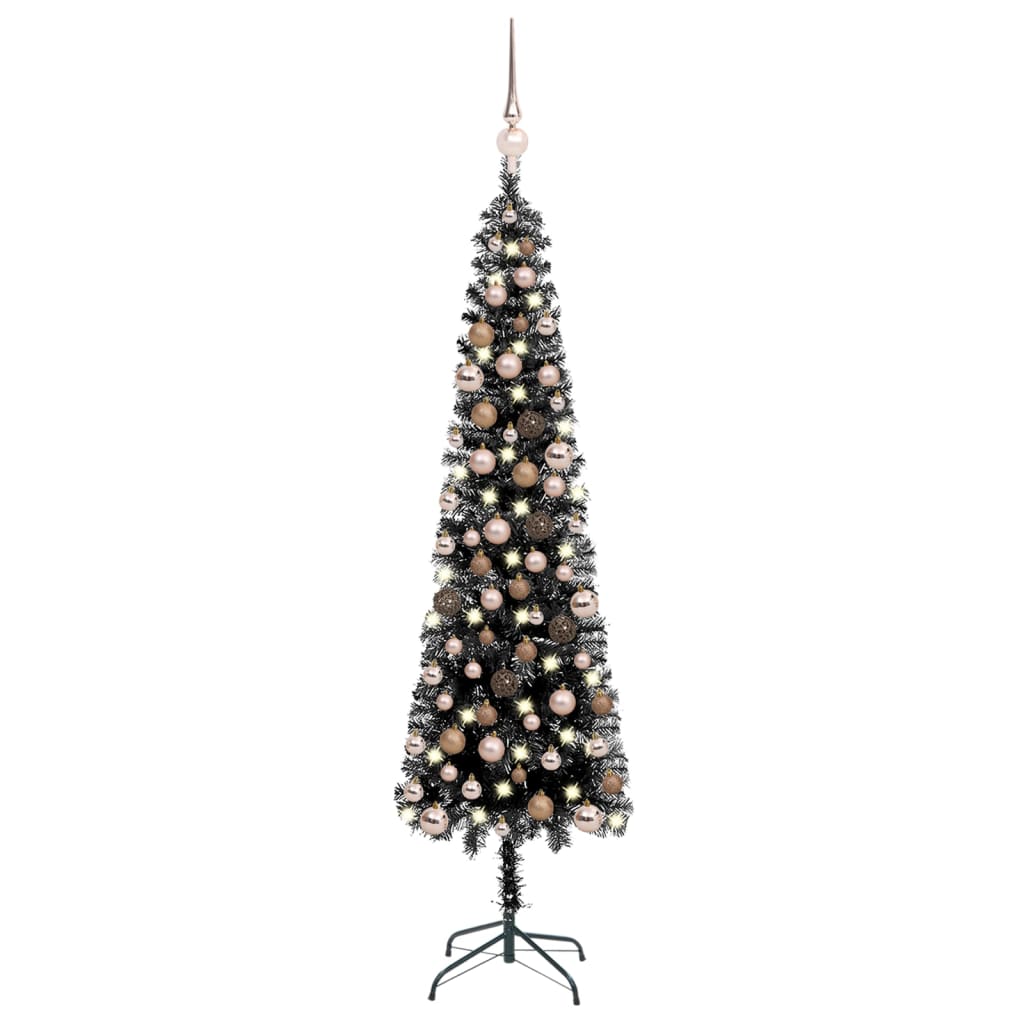 vidaXL Úzký vánoční stromek s LED diodami a sadou koulí černý 240 cm