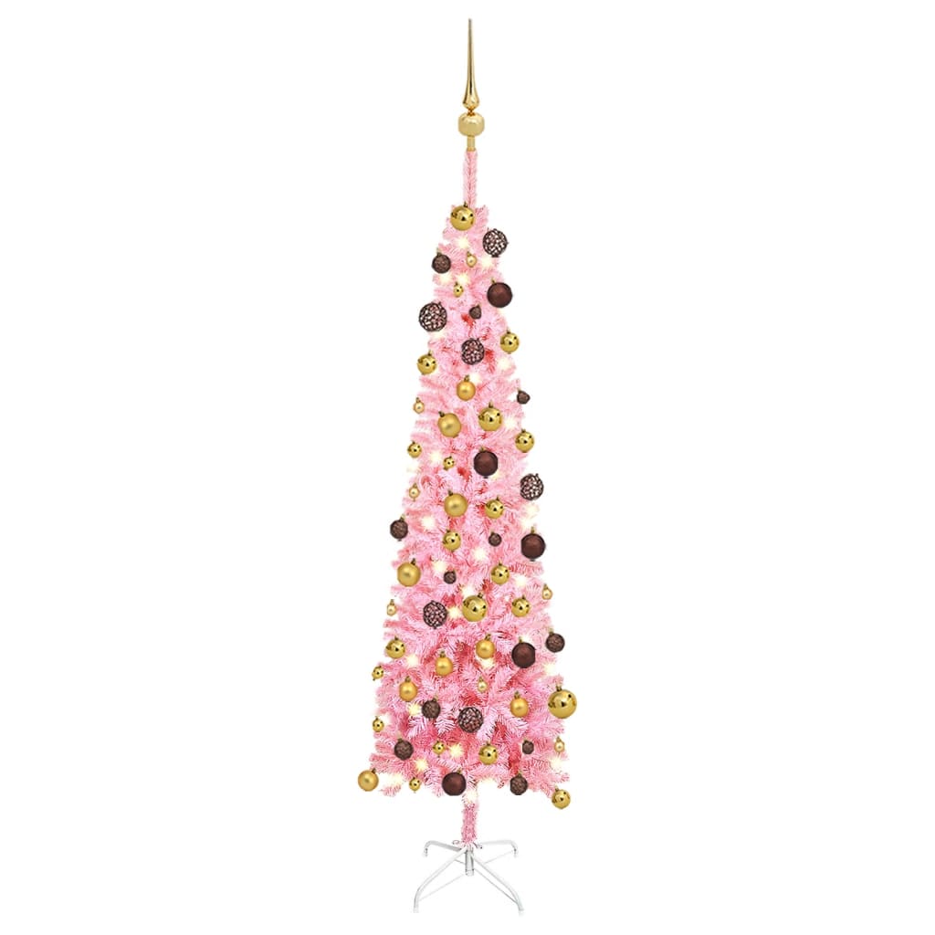 vidaXL Úzký vánoční stromek s LED diodami a sadou koulí růžový 150 cm