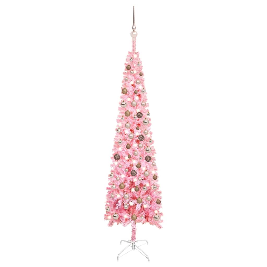vidaXL Úzký vánoční stromek s LED diodami a sadou koulí růžový 210 cm
