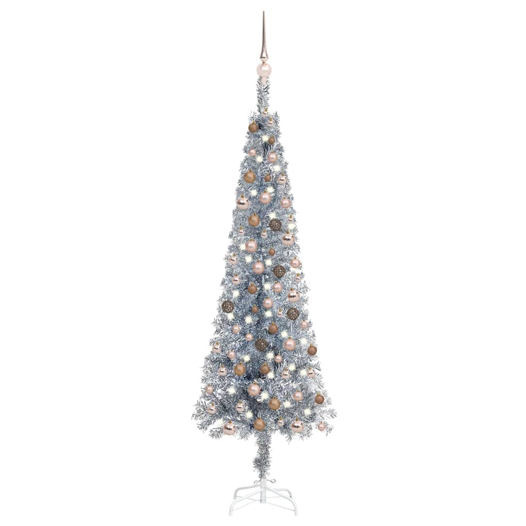 vidaXL Úzký vánoční stromek s LED diodami a sadou koulí stříbrný 180cm