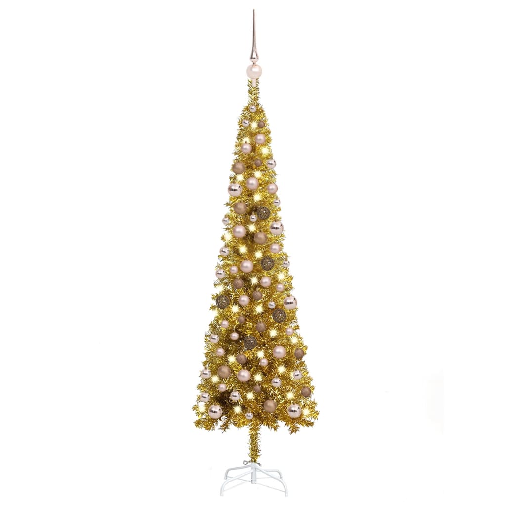 vidaXL Úzký vánoční stromek s LED diodami a sadou koulí zlatý 120 cm