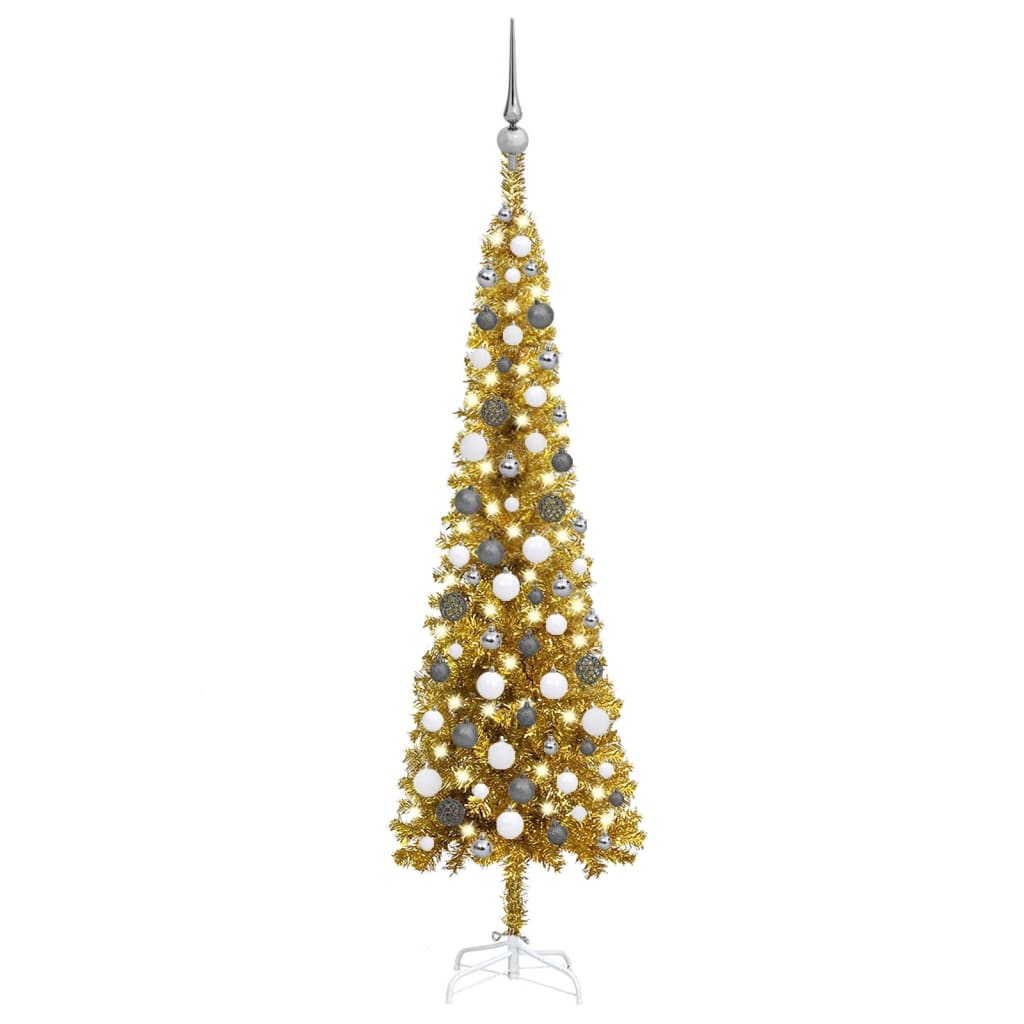 vidaXL Úzký vánoční stromek s LED diodami a sadou koulí zlatý 150 cm