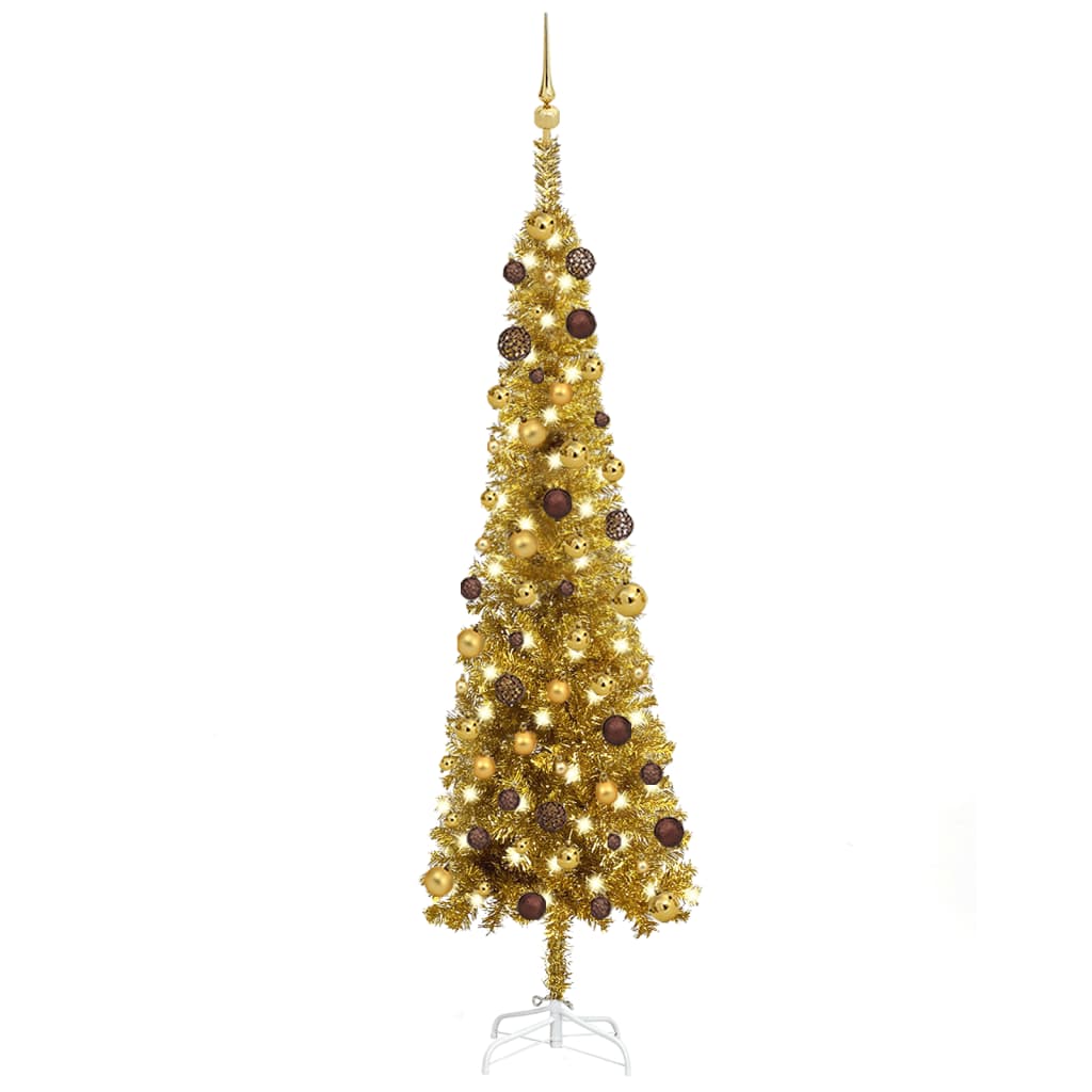 vidaXL Úzký vánoční stromek s LED diodami a sadou koulí zlatý 180 cm